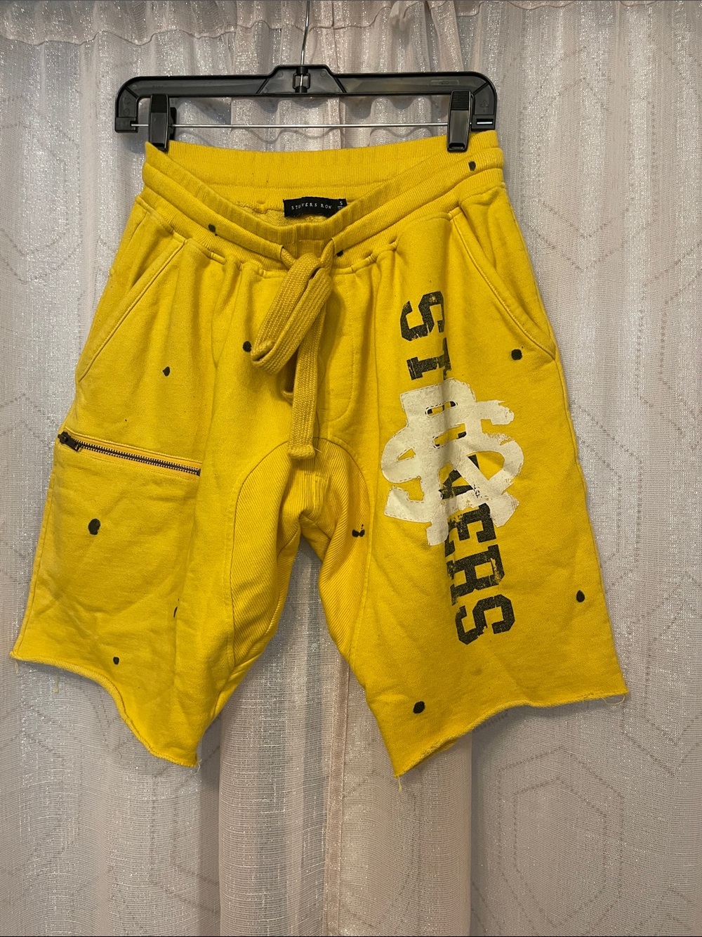 Men's Yellow Athletic Drawstring Shorts with Graphic Logo STAIN IN PICS/VID